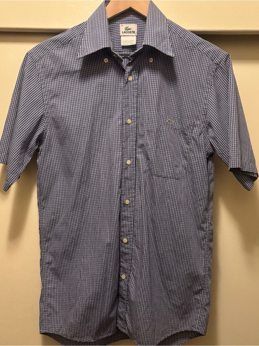 Lacoste Men's Blue Check Short Sleeve Button-Up Shirt Size 38